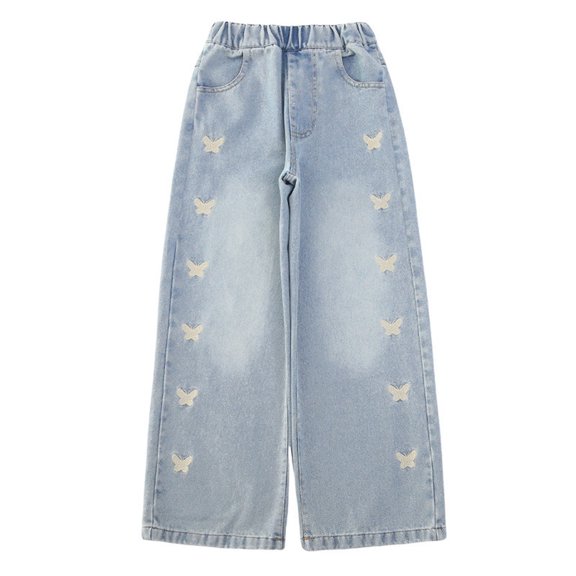 Weebloom Wide Leg Jeans For Little Girls Embroidery Long Trousers Loose Autumn Kids Fashion Casual Toddler Bottoms Denim Pants Blue 5-6 Years