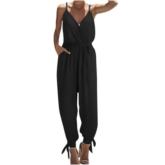 Henpk Jumpsuits For Women Dressy Plus Size Clearance Summer Womens Jumpsuits And Rompers Women'S Fashion Summer Comfortable V-Neck Belt Sling Sleeveless Jumpsuit Black L
