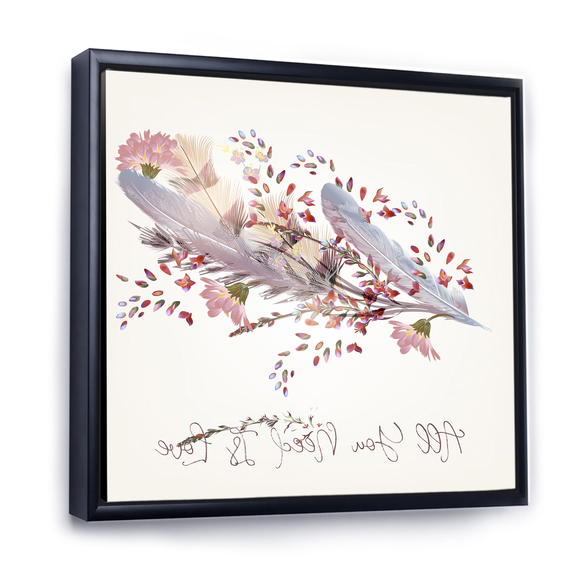 Designart 'Pink Feathers and Flowers All You Need Is Love' Bohemian & Eclectic Framed Canvas Wall Art Print