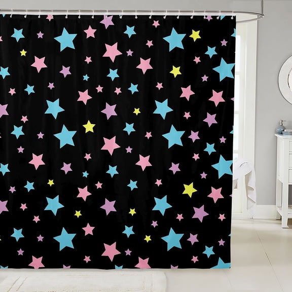 Manfei Dreamy Stars Polka Dot Shower Curtain 72Wx72L,Kawaii Cartoon Theme Bathroom Curtain,Black
