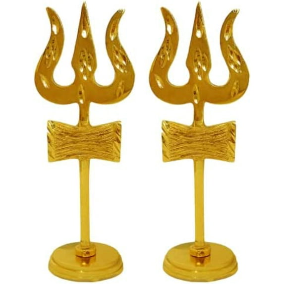 Brass Shiva Trishul Damru with Stand (Approx. 9 x 4 x 6 cm, Brown and Golden) Mandir/Home Decor/Hindu Temple And Pooja Items, Gold, Pack of 2