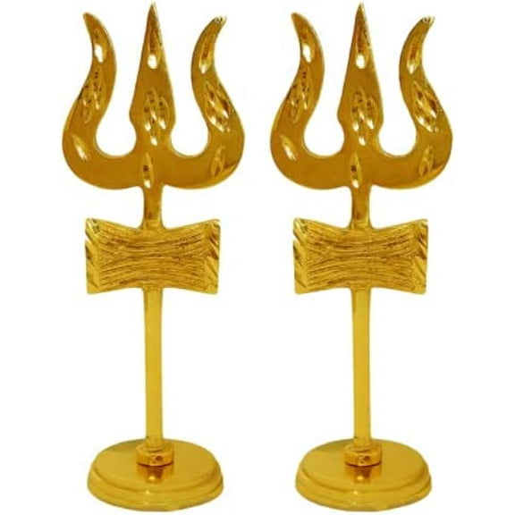 Brass Shiva Trishul Damru with Stand (Approx. 9 x 4 x 6 cm, Brown and Golden) Mandir/Home Decor/Hindu Temple And Pooja Items, Gold, Pack of 2