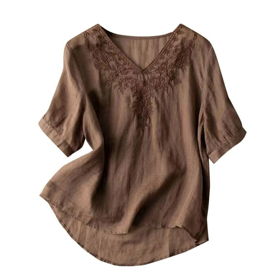 Womens Tops Embroidered Tops Floral Cotton Linen Tunic Tshirt Tee Women 3/4 Sleeve V Neck Button Boho Ethnic on Sale