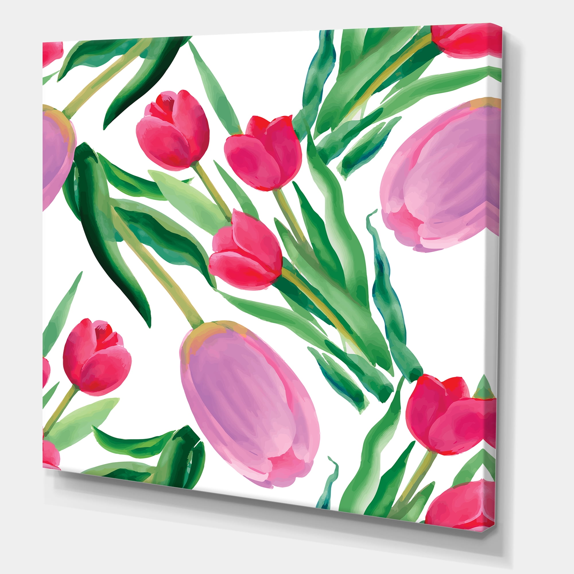 Designart ' Blooming Beautiful Pink Tulips Flowers On White ' Traditional Canvas Wall Art Print