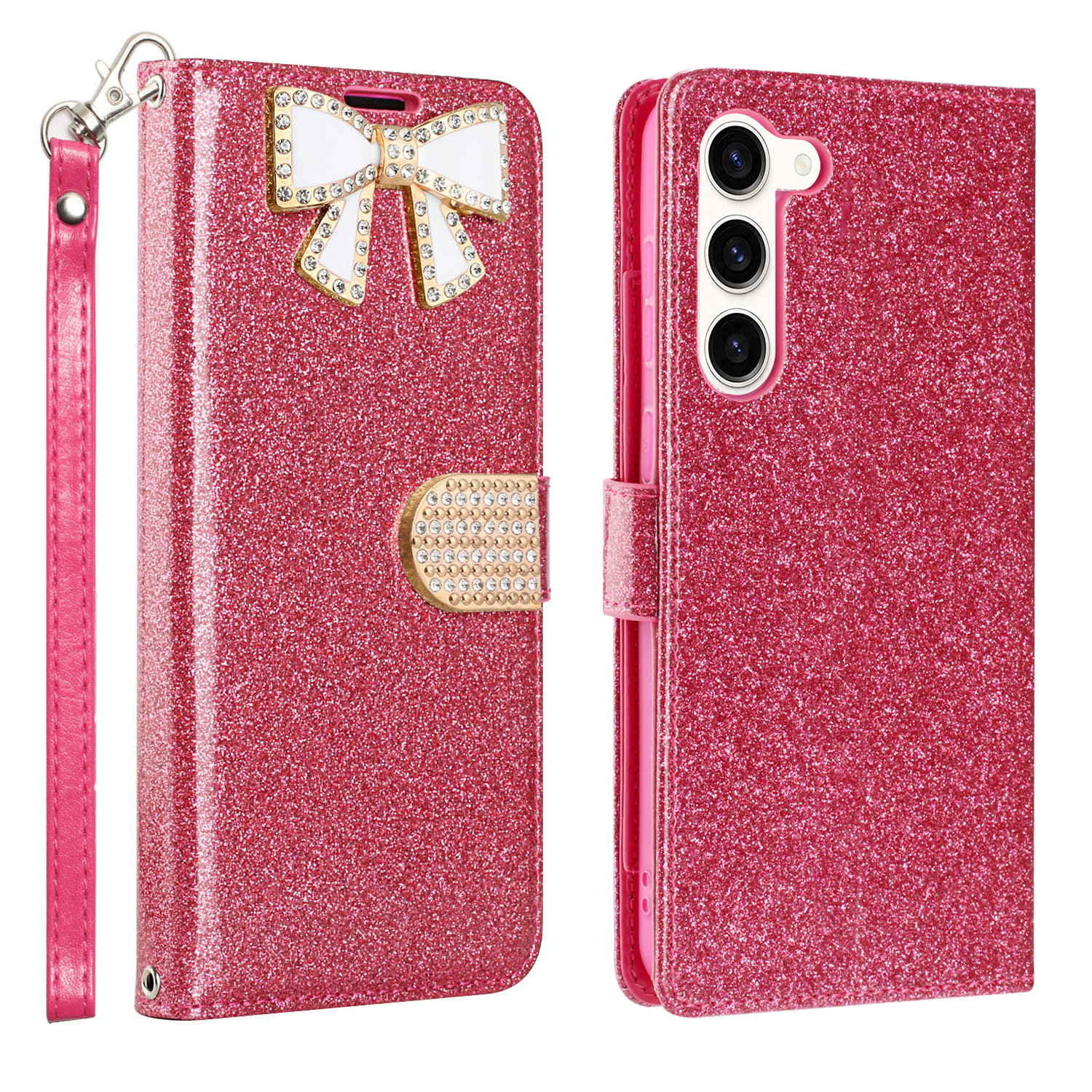 Pink, variant on Samsung Galaxy S23 Plus / SM-S916 Diamond Bow Glitter Full Body Cover Protective Shockproof Card Slot Flap Folio Stand Leather Wallet Pouch Case Cover Pink