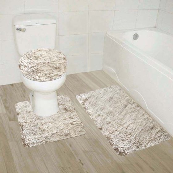 9 Beige 3Piece Solid Plain Shaggy Bathroom Rug Set, Large Bath Mat 20