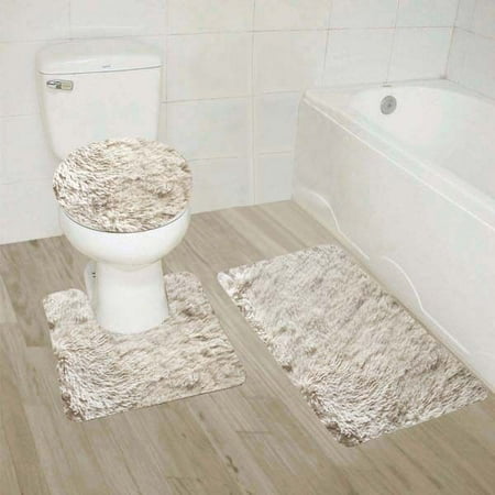 Bath Mats Large Size #9 Beige 3-Piece Solid Plain Shaggy Bathroom Rug Set, Large Bath Mat 20
