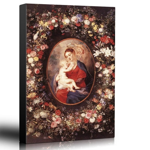 wall26 - Oil Painting of The Virgin and Child in a Garland of Flower by Peter Paul Rubens in 1621 - Baroque Style - Catholic - Canvas Art Home Art - 16x24 inches