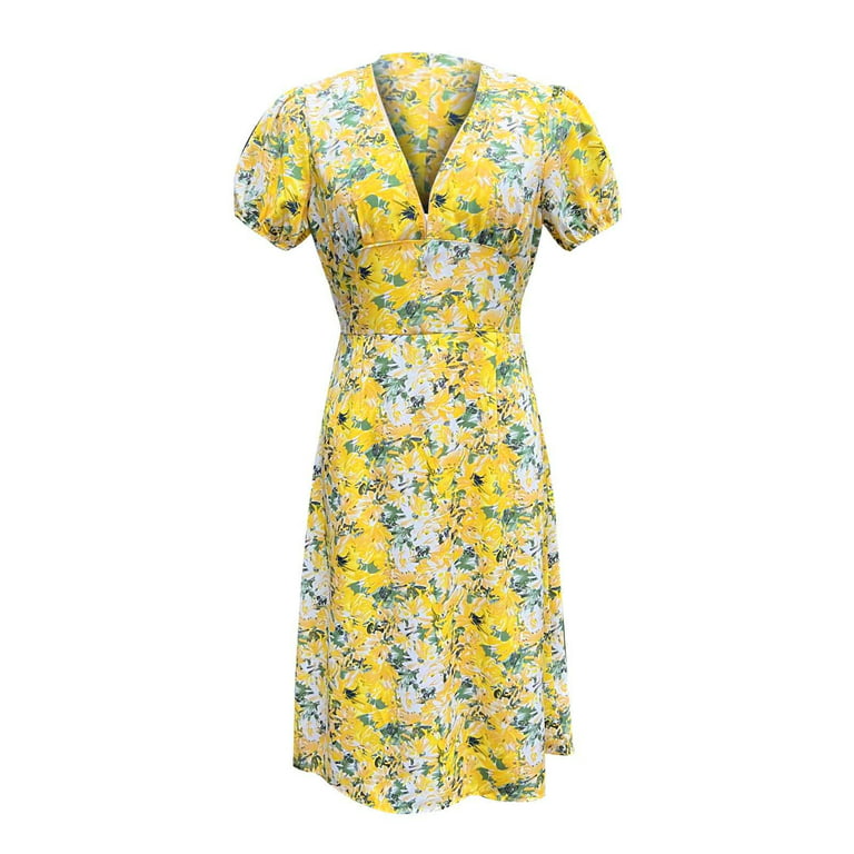 Bigersell Nursing Dress Women's Summer Fashion Puff Sleeve Floral Print  V-Neck Short Sleeve Dress Tulle Dress Regular Sun Dress Dresses, Style  26216, Yellow XL 