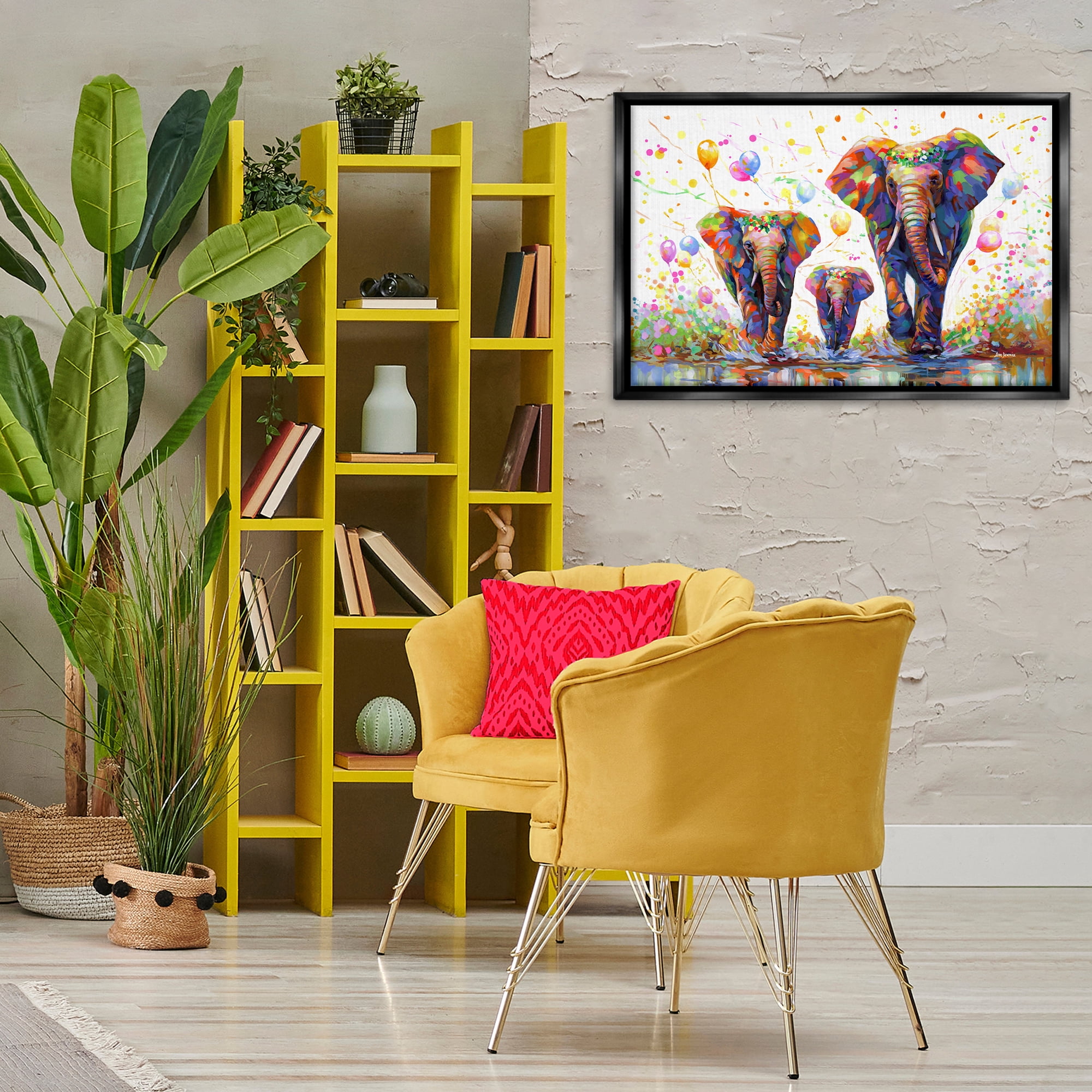 Stupell Industries Elephants & Celebration Balloons Animals & Insects Painting Black Floater Framed Canvas Art Print Wall Art, 31 x 21