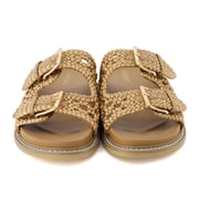 Cushionaire Weaver Summer Sandals for Women - Shiny Raffia Woven Slip On Womens Slides with Adjustable Buckle