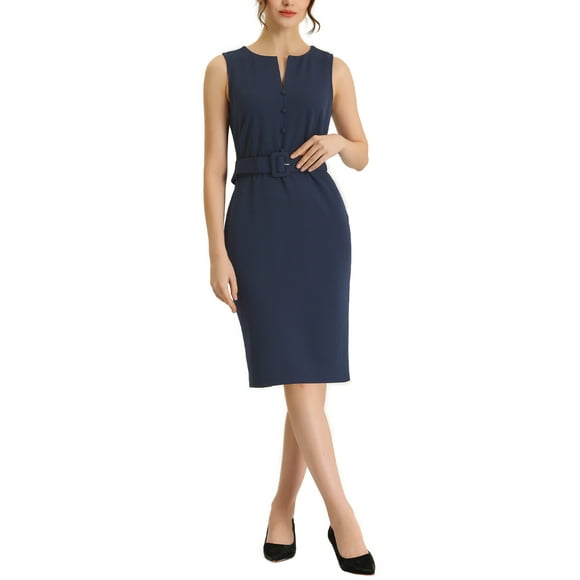 INSPIRE CHIC Robe Midi Élégante Sans Manches pour le Travail pour Femme, Col Rond, Moulante, Fourreau, L Bleu Marine Foncé