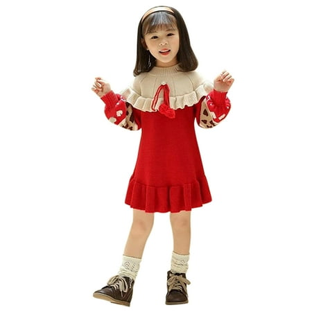 

GWAABD Big Girls Casual Dress Rd1 Acrylic Fibers Kids Toddler Child Baby Girls Long Sleeve Patchwork Cartoon Sweater Princess Dress Outfits 90