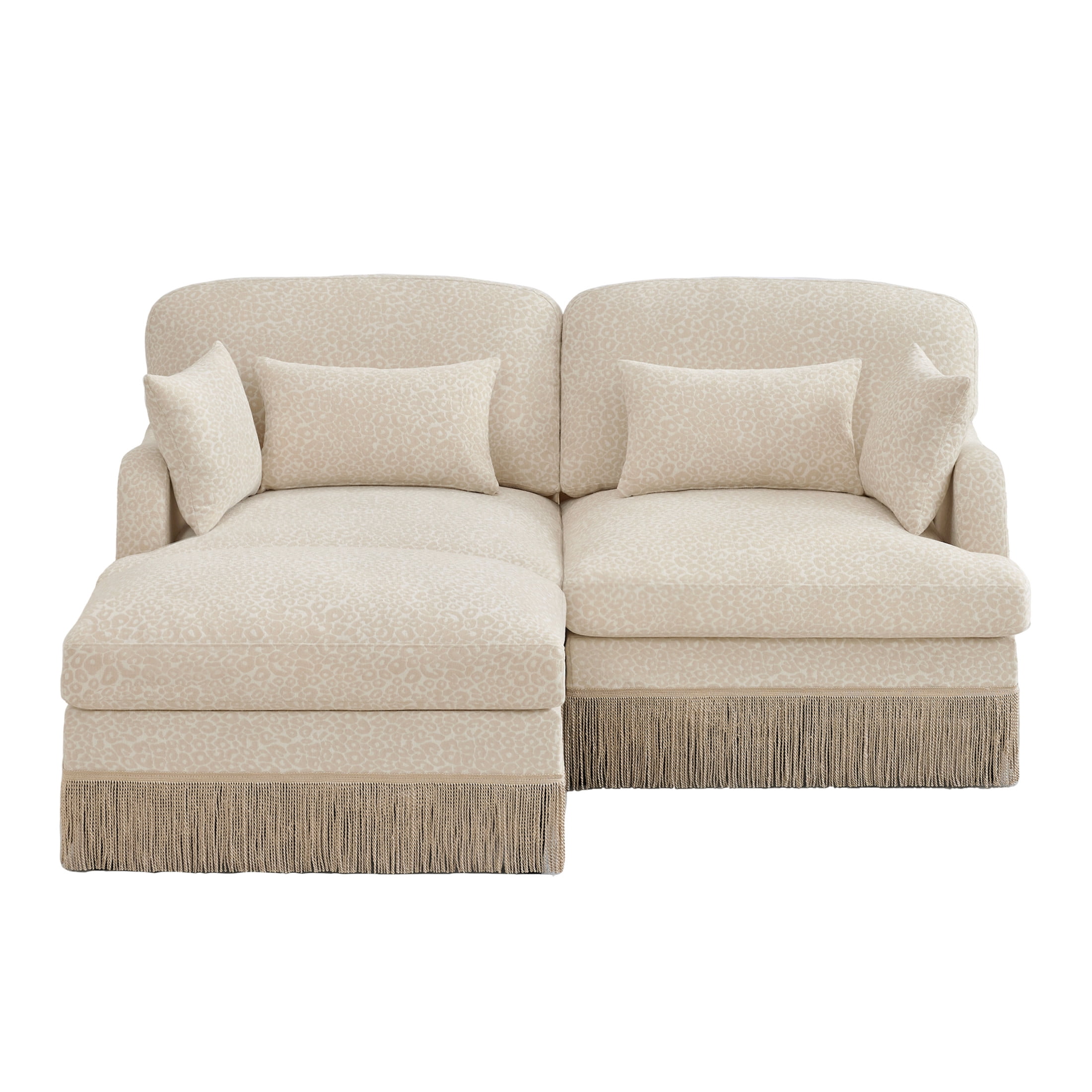 Noble House Carola Leopard Print Chenille 2-Seater Sofa, Modular Sectional Couch with Ottoman and Tassel Trim, Beige