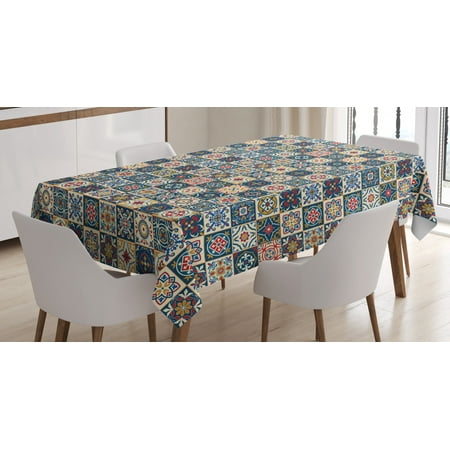 

Moroccan Tablecloth Portuguese Azulejo Checkered Squares Colorful Pattern Floral Arrangement Rectangular Table Cover for Dining Room Kitchen 52 X 70 Inches Dark Blue Amber Red by Ambesonne