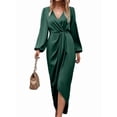 thumbnail image 1 of Robes Formelles pour Femmes à Manches Longues, Col en V, Taille à Nouer, Fente, Cocktail, Invitées de Mariage, Vert Foncé, m, 1 of 8