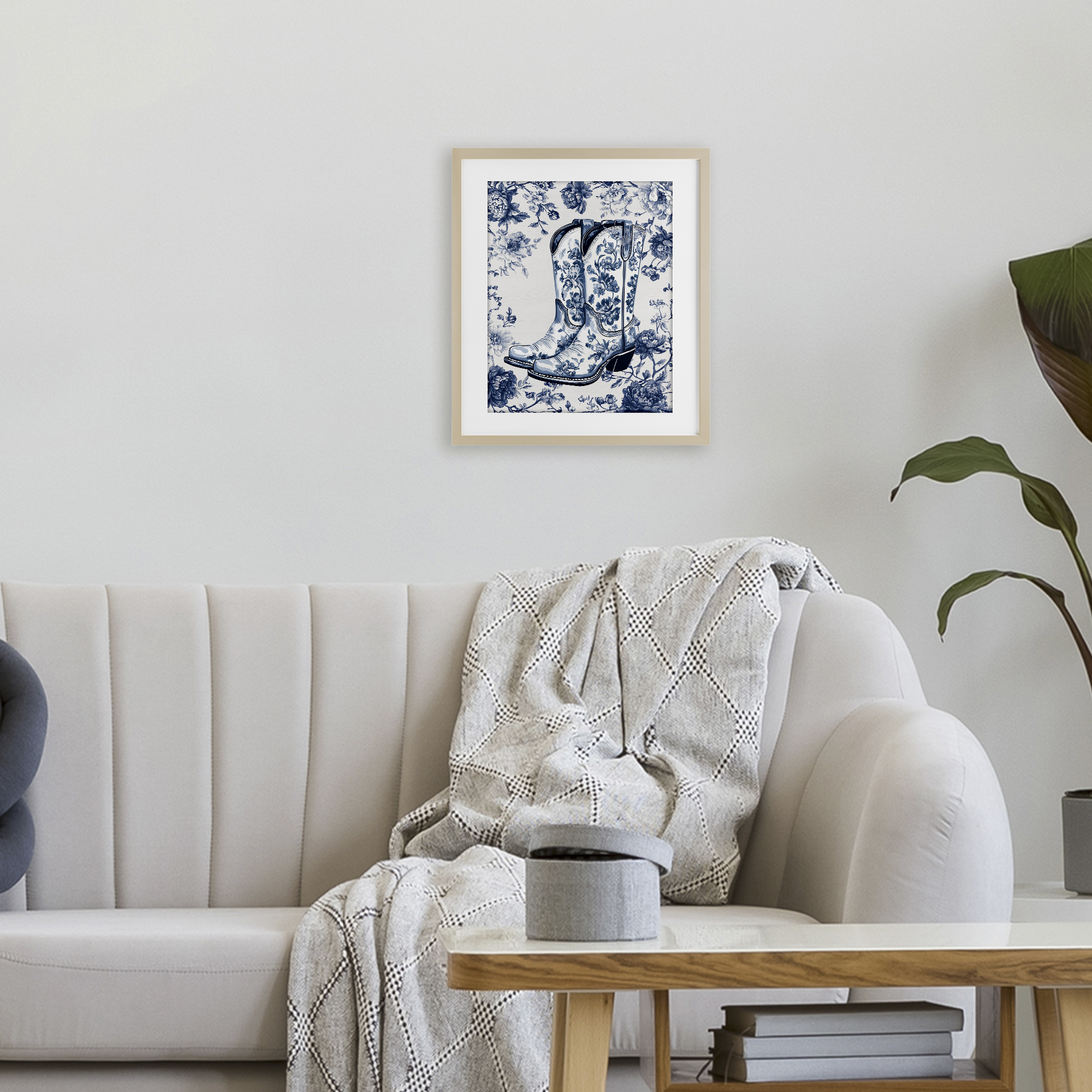 Blue Spring Florals & Boots Birch Framed Print Under Glass, design by Lettered and Lined