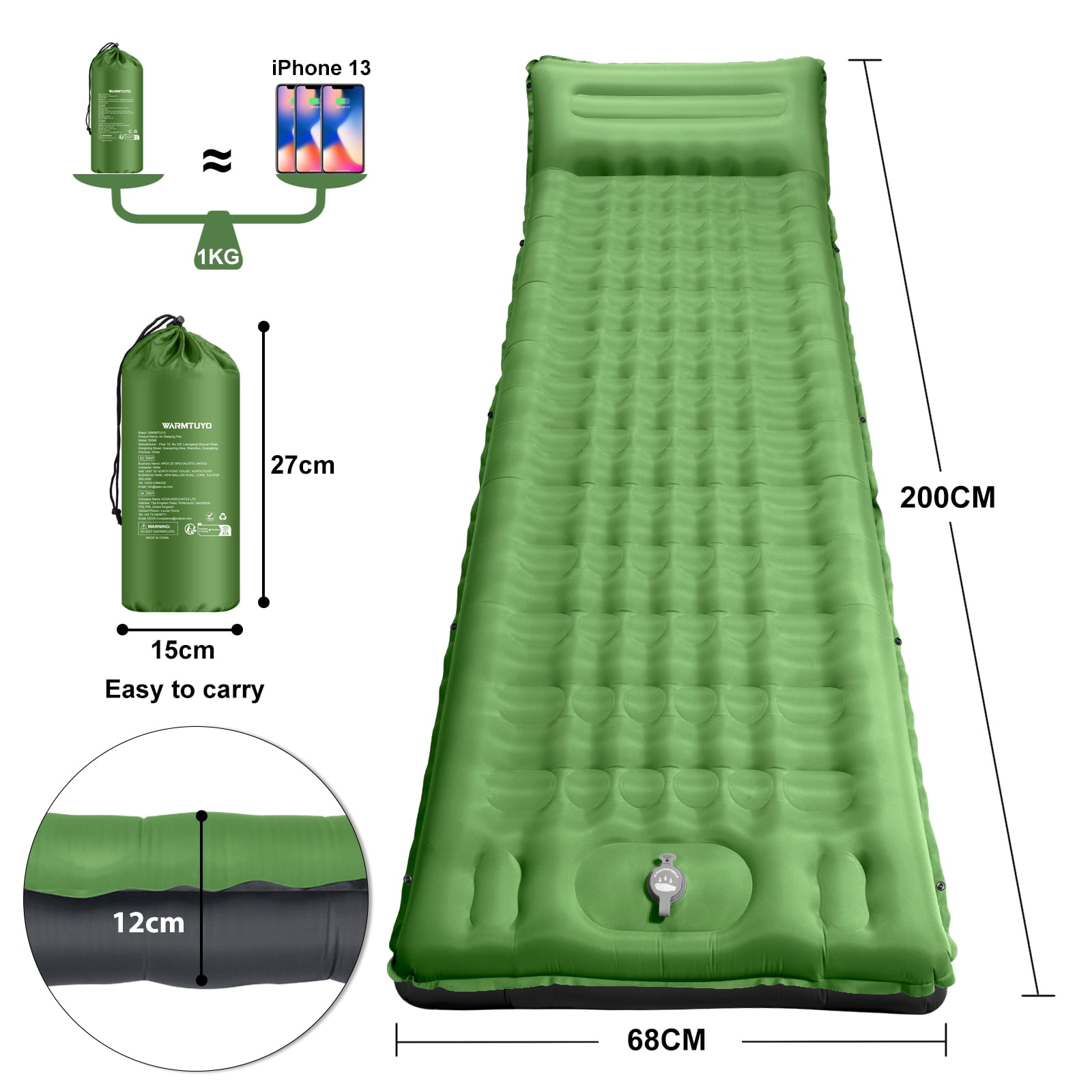 WARMTUYO Sleeping Pad Inflating Built-in Foot Pump, 78.74x26.77x4.72in Thickened Camping Mats with Pillow, Waterproof Camping Mattress for Outdoor Hiking Camping Traveling Cot - Green