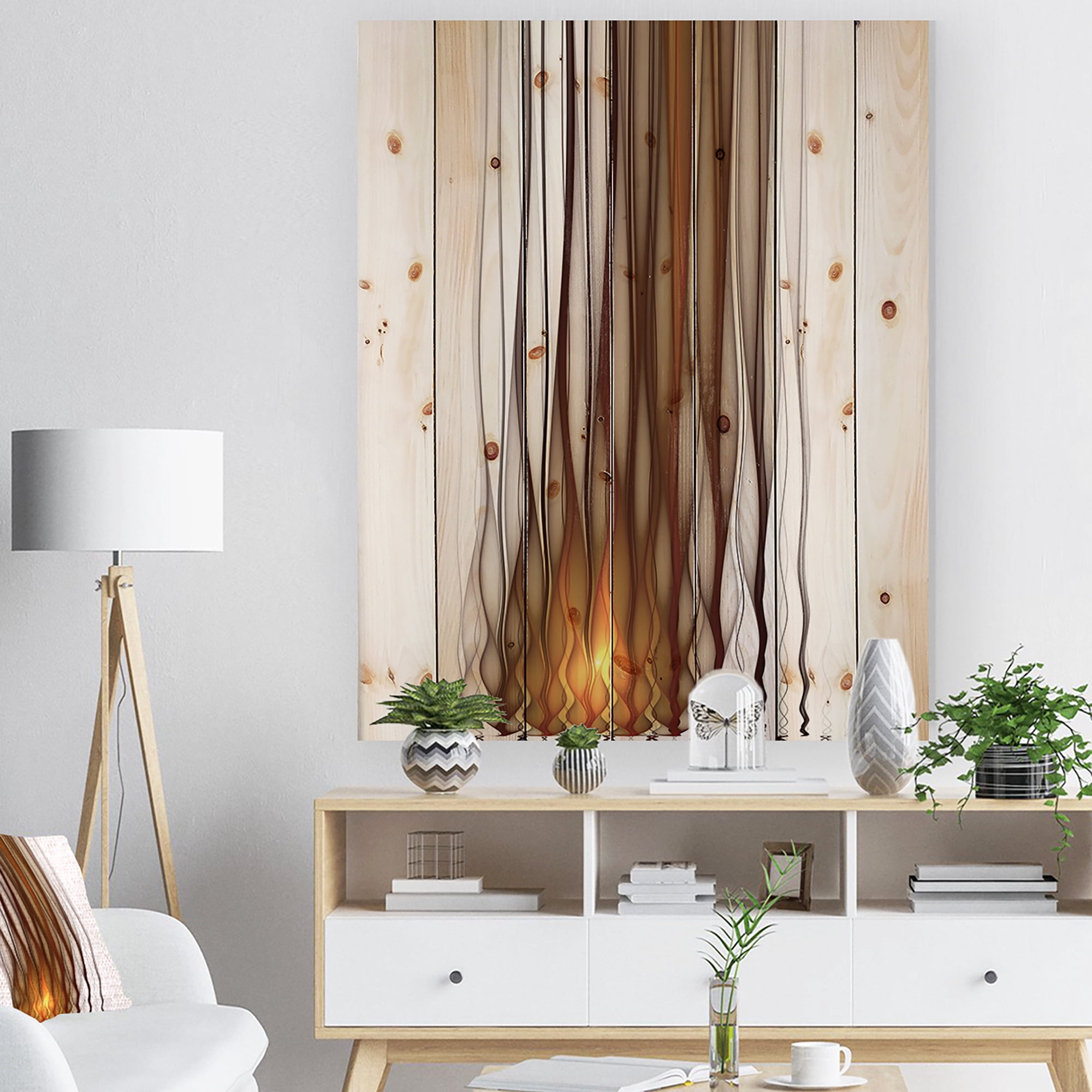 Designart 'Yellow Fractal Flames Pattern' Abstract Print on Natural Pine Wood