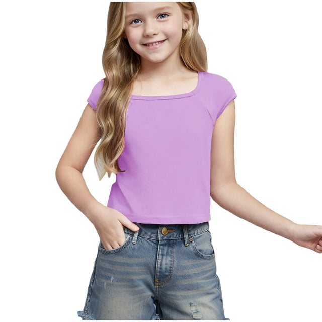 Mgmyaa T-Shirts Courts à Manches Courtes pour Filles Hauts d'Été pour Enfants Tee-Shirt Basique Col Rond Blouses 5-16 Ans