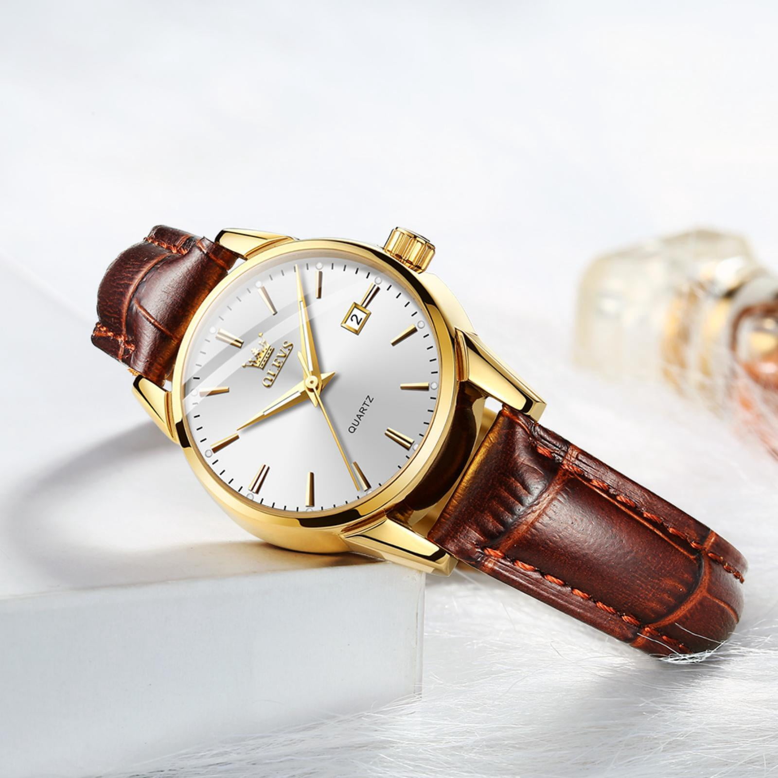 OLEVS Watches for Women Luxury Dress Analog Quartz Easy Read Digital Date Classic Luminous Brown Leather Strap Waterproof Female Wrist Watches Relojes para Mujer