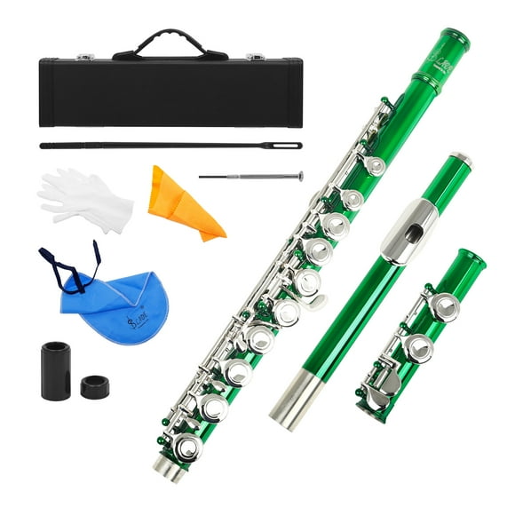 Yeacher Western Concert Flute Cupronickel Nicke Plated 16 Holes C Key Woodwind Instrument with Cleaning Cloth Stick Gloves Mini Screwdriver Padded Case