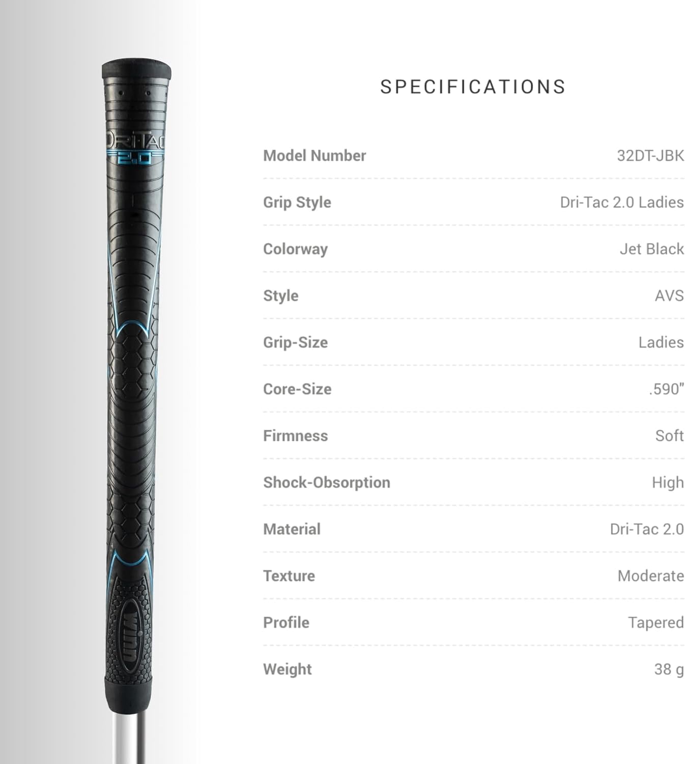 Winn Grips 62DT-JBK Dri-Tac 2.0 series Advance Polymer Technology, 13 Piece Golf Grip Bundle-Midsize (+1/16""), Jet Black-Blue