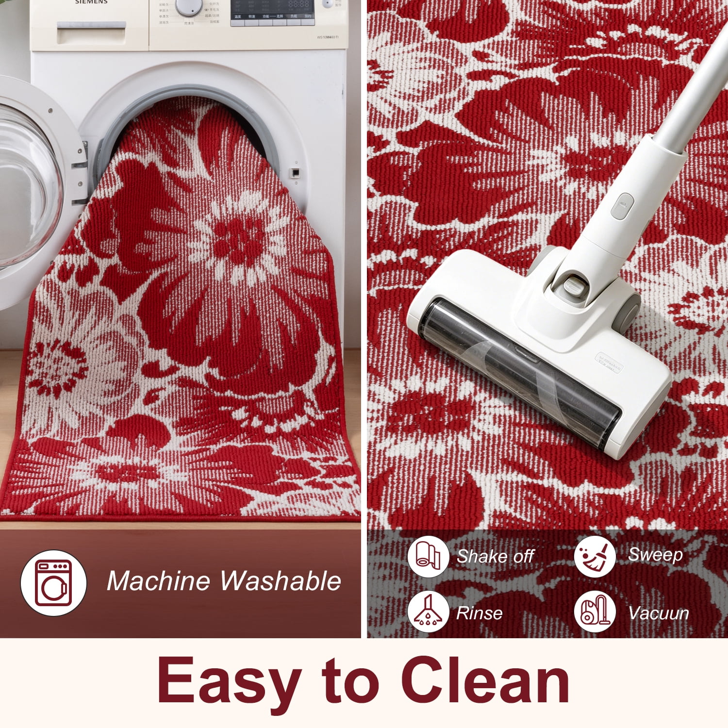 Findosom Runner Rug for Hallway 2x6 ft,Non-slip Machine Washable Runners Flower Floor Mats Low Pile Carpet Rug Runner with Rubber Backing for Entryway Doormat Bathroom Kitchen Laundry Room,Red