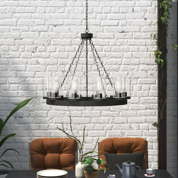 ACROMA  10-light Farmhouse Black Wagon Wheel Chandelier Matte Black 31'' W x 31'' D x 28'' H