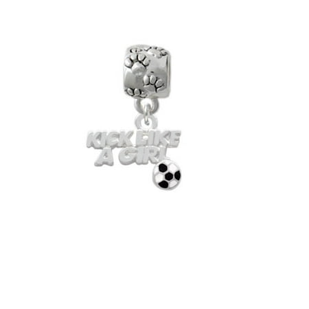 Silvertone Kick Like a Girl with Enamel Soccer Ball - Paw Print Charm Bead