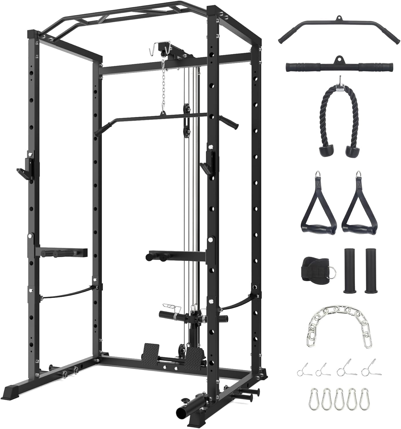 Power Cage with Pulley System, Compact Home Gym Strength Rack with Heavy-Duty Steel Frame, Integrated Safety Design and Multi-Function Attachments for Full-Body Training