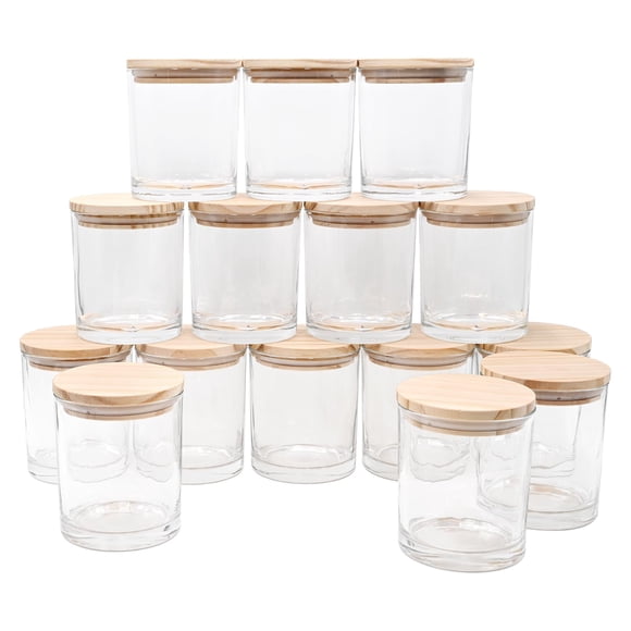 Frascos para velas SHOWIN de 296 ml, vidrio grueso con tapas de madera, 15 piezas