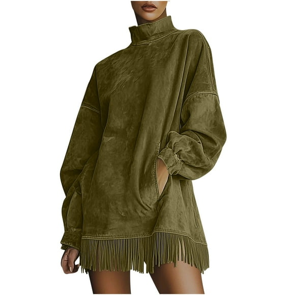 Gpaecead Women's Faux Suede Fringe Dress - High Neck A-Line With Fringe Detail & Pockets Green