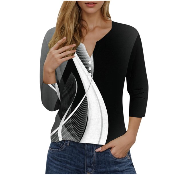 Blusas de Manga Corta para las Mujeres Impresas 3/4 Manga Cuello Redondo Blusa Casual, Ligero Diario Superior