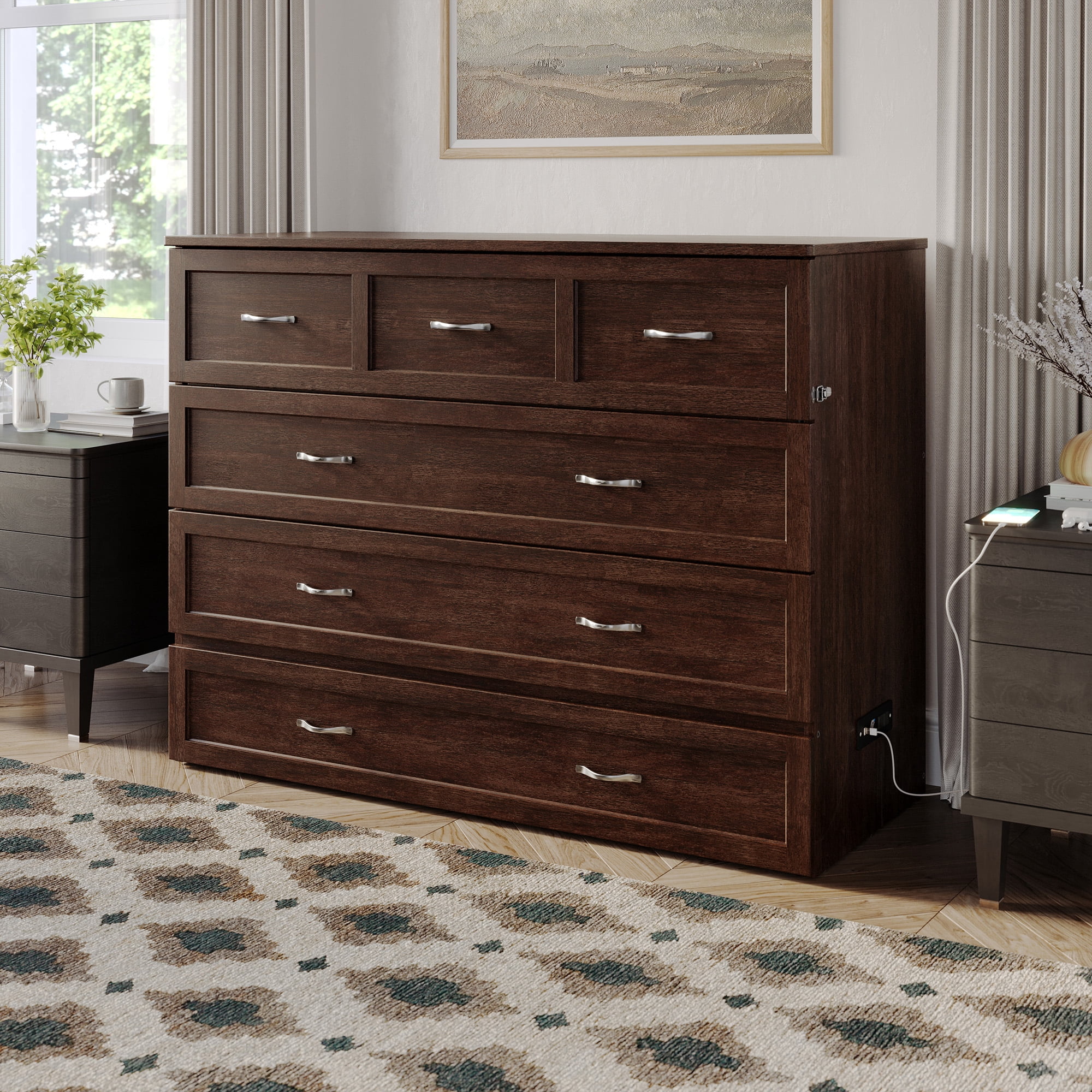 AFI Northfield Full Wood Murphy Bed Chest with 6" Mattress, Drawer & Charger, Burnt Amber