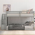 thumbnail image 3 of Twin over Twin Floor Bunk Bed for Kids, Solid Wood Twin Size Floor Loft Bed Frame with Handrails Wide Step Ladder Storage, Gray, 3 of 7