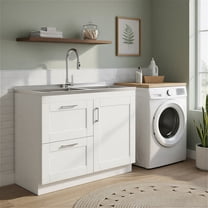 Simpli Home Modern Wide Shaker 46 inch Utility Sink and Laundry Cabinet, Glacier White Finish