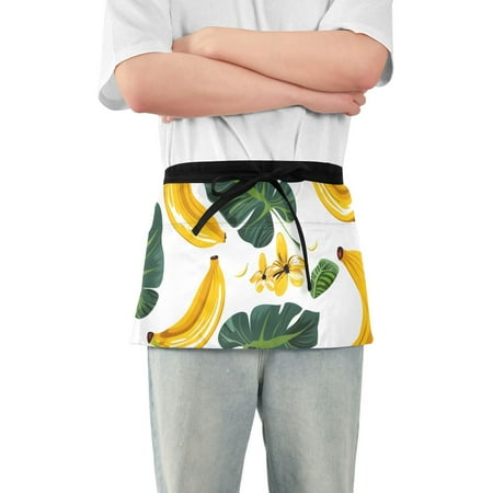 

Banana and Leaves Waist Apron Adjustable Server Half Apron Kitchen Cooking with 3 Pockets for Men Women