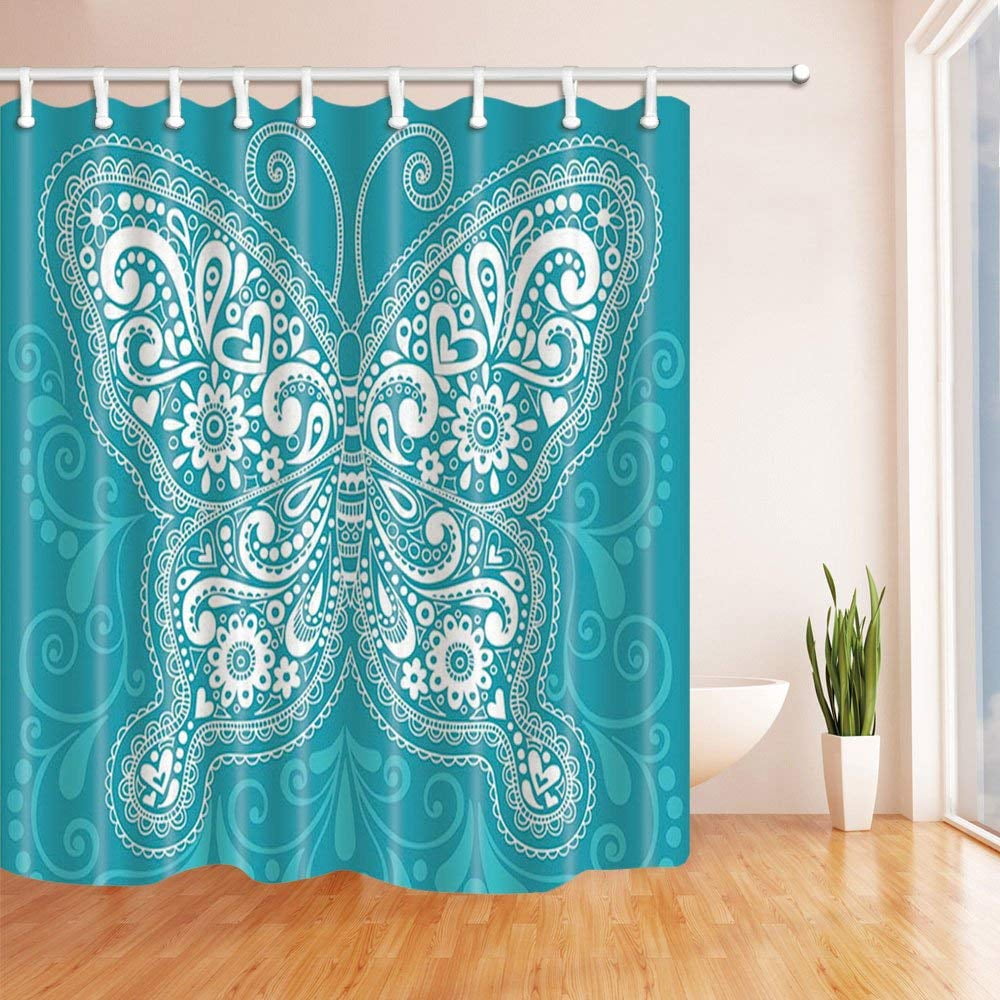 WOPOP Butterfly Decor Beautiful Patterns Big Butterfly Turquoise White Polyester Fabric Bathroom ...