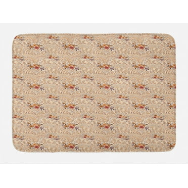 Meadow Bath Mat, Pastel Flourish with Rural Flowers Lily Berry Branches Autumn Tones Retro, Plush Bathroom Decor Mat with Non Slip Backing, 29.5" X 17.5", Peach Ginger and Ruby, by Ambesonne