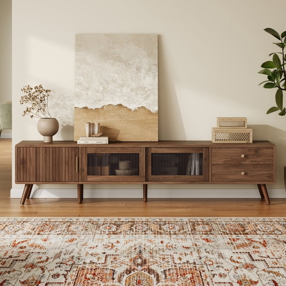 76" Mid-Century Modern Minimal Glass-Doors TV Stand for TVs up to 85-Inch, Fluted Cabinet Door, Wood-Grain Entertainment Center with Storage Cabinets, TV Media Console Table for Living Room, Bedroom