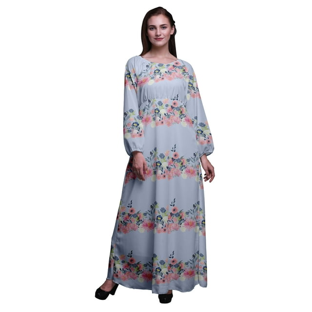 Bimba Robe Maxi à Manches Longues pour Femmes en Georgette Mousse avec Renoncules et Chrysanthèmes à Imprimé Floral, Taille Élastique - Petit