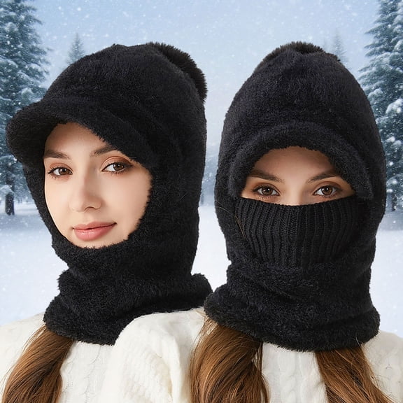 Daznico Plush Hooded Balaclava Hat with Brim Detachable Knitted Face Cover Lined Thermal Neck Warmer Winter Accessories for Outdoor Activities in Cold Weather