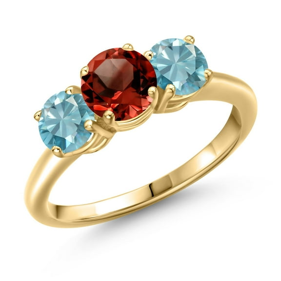 Gem Stone King 18K Yellow Gold Plated Silver Red Garnet and Blue Zircon Engagement Ring for Women | 2.70 Cttw | Round 6MM | Gemstone January Birthstone | Size 8