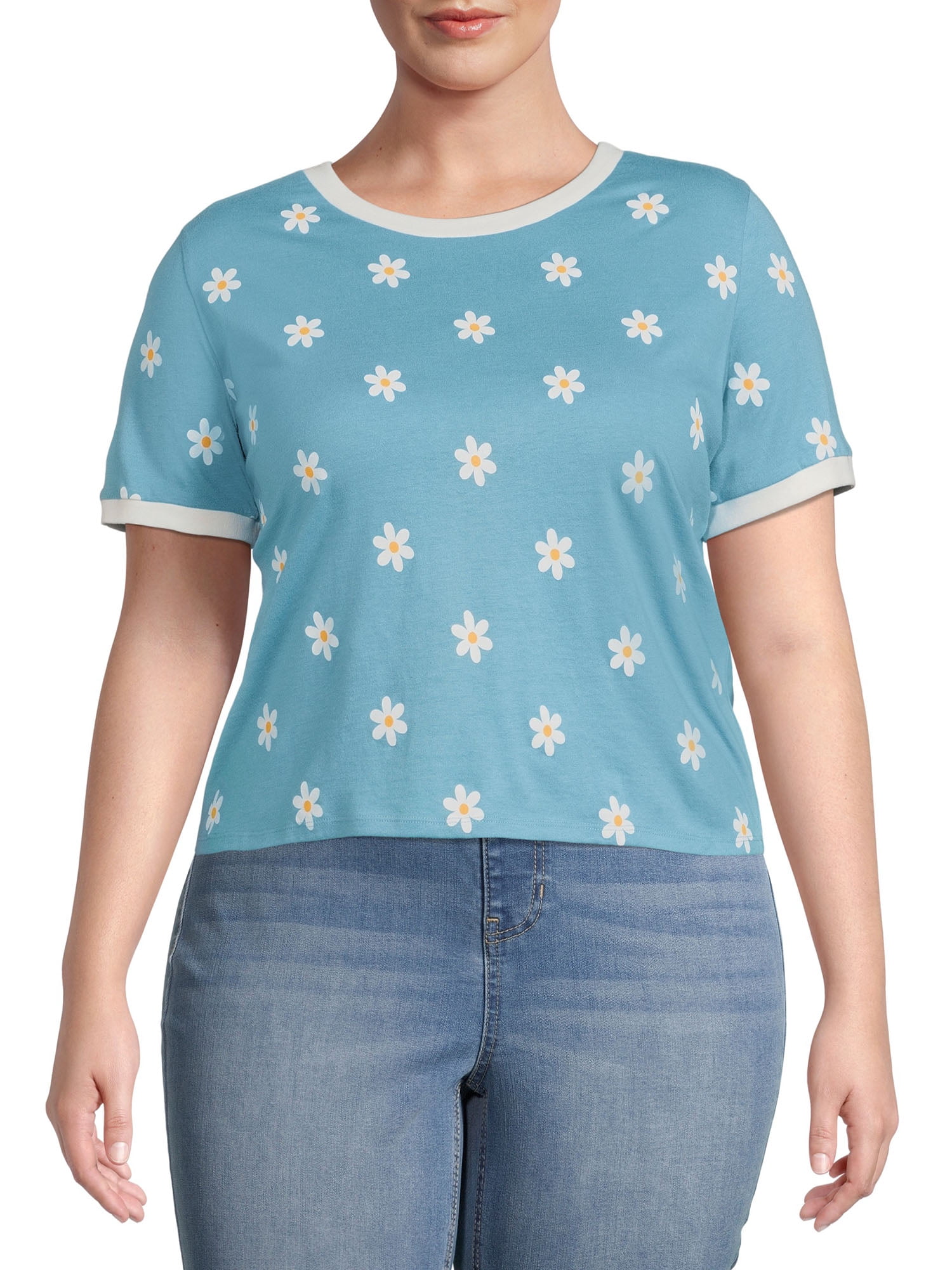 No Boundaries Juniors Plus Size Ringer Tee with Short Sleeves