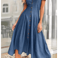 thumbnail image 3 of Women's Button Down Denim Shirt Dress Summer Short Sleeve Lapel V Neck Tunic A Line Swing Pleated Maxi Dress, 3 of 6