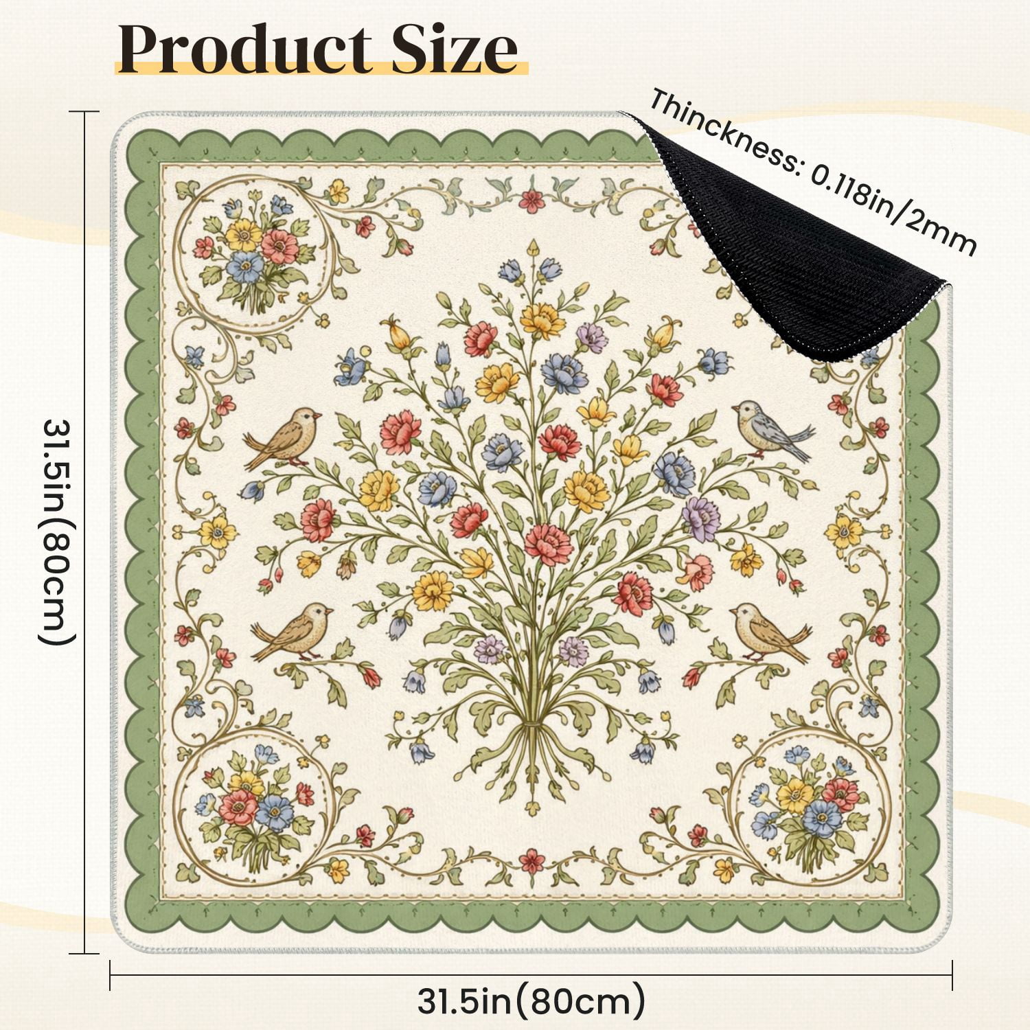 Mahjong Mat 31.5" x 31.5" Floral Vintage Birds Delicate Flowers Non-Slip Noise Reduction Mahjong Tiles Table Cover for Dominoes Poker Card Board and Tile Games