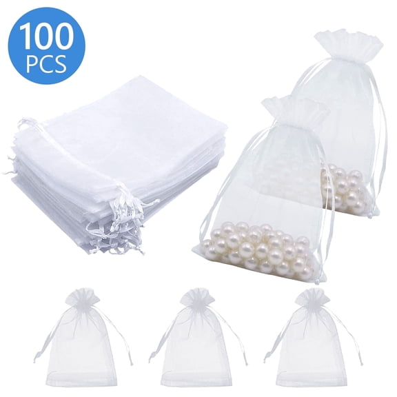 Tripumer 100 Pcs 4x6 inch Drawstring Organza Pouches Sheer Mesh Jewelry Candy Bags for Wedding Party Gift Packaging White