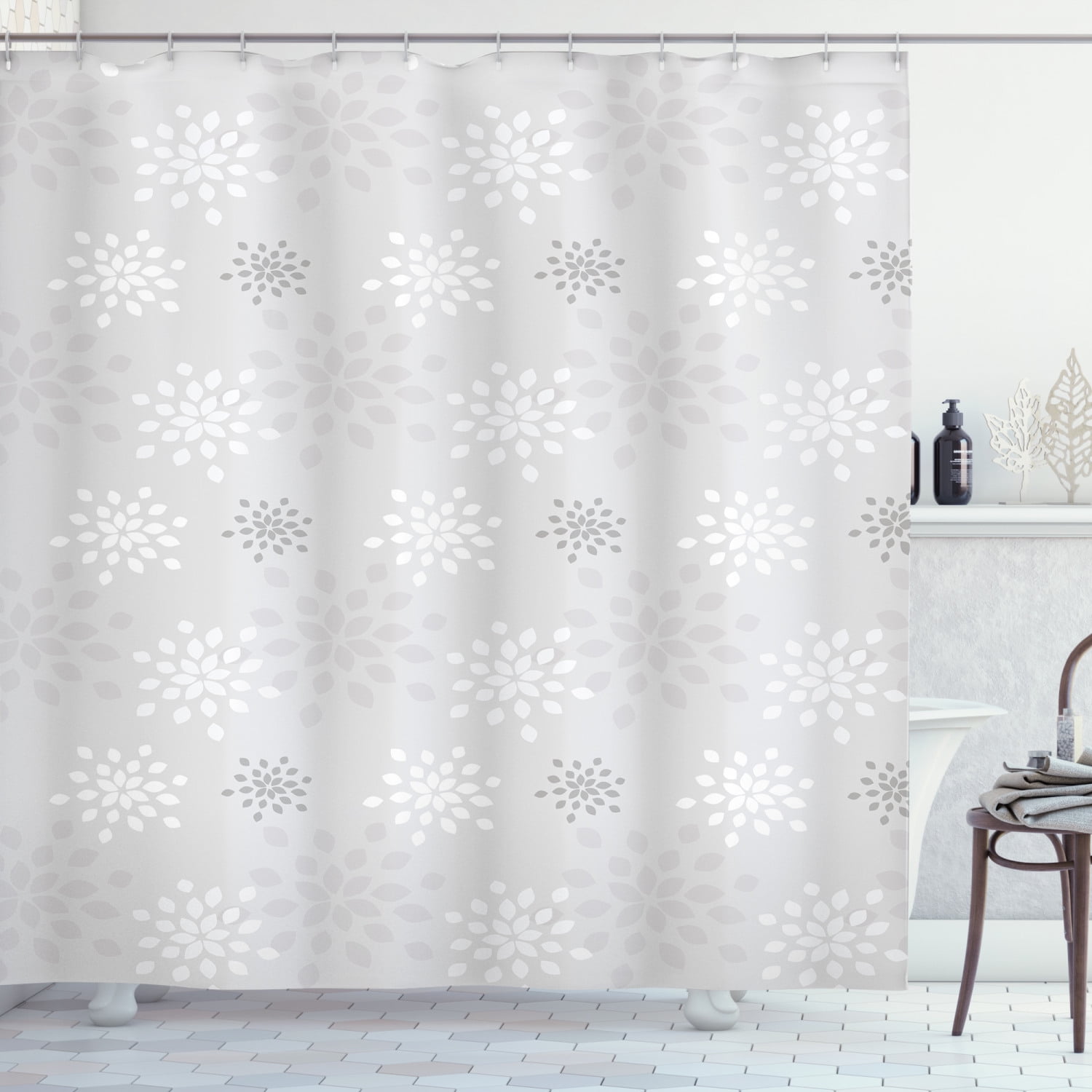 Grey and White Shower Curtain, Shabby Chic Simplistic Flourishing