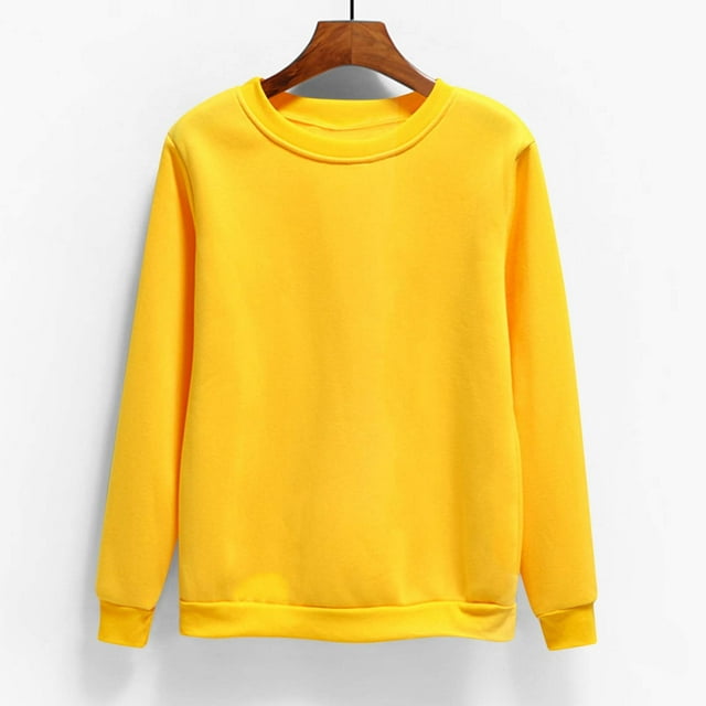 CFLVAEK Chandails Molletonnés d'Automne Grande Taille pour Femmes, Chandails Molletonnés Décontractés à Col Rond, Couleur Unie, Hauts à Enfiler pour Sortir, Coupe Ample, Manches Longues, 2024, Chemisiers Jaunes pour Femmes